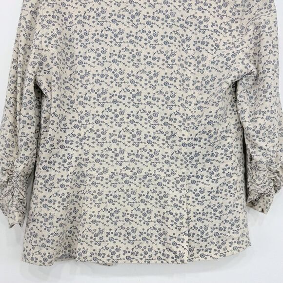 Olivia Moon Cream Blue Floral Print Linen Blend Ruched Sleeve Blazer Jacket - Picture 12 of 16
